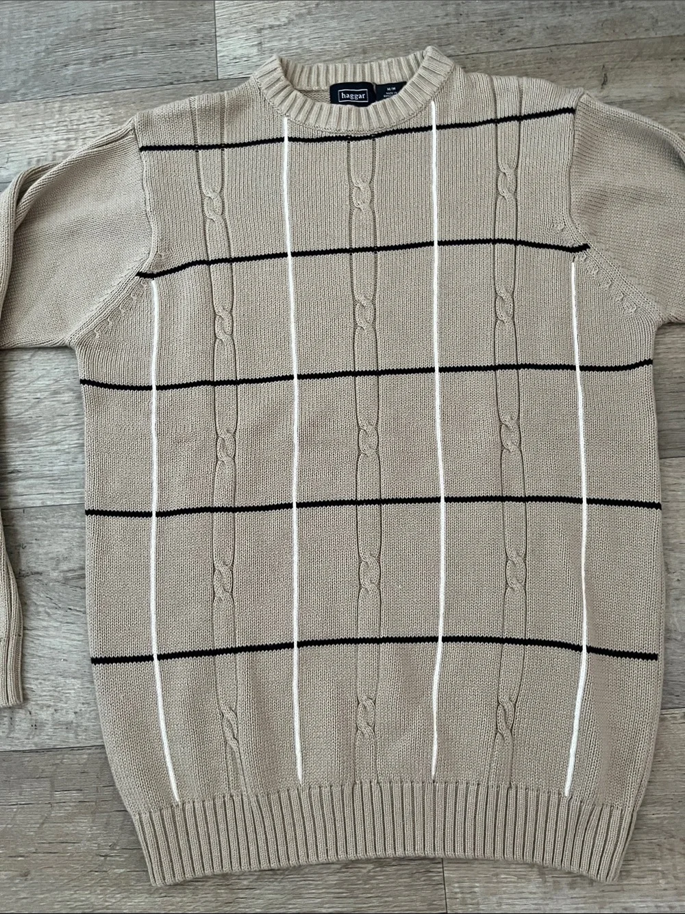 Vintage Haggar Beige Crewneck Cable-Knit Windowpane Sweater 100% Cotton Size M